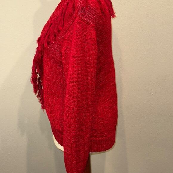 Chico's sweater red open front loose weave fringed collar cardigan  Sz 1 US Med - Picture 4 of 8